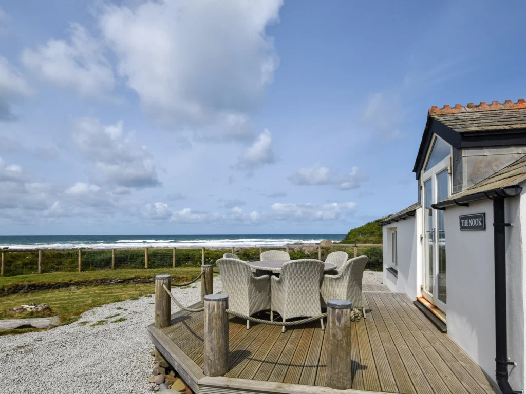 View of the sea from the deck of a beach house in North Cornwall