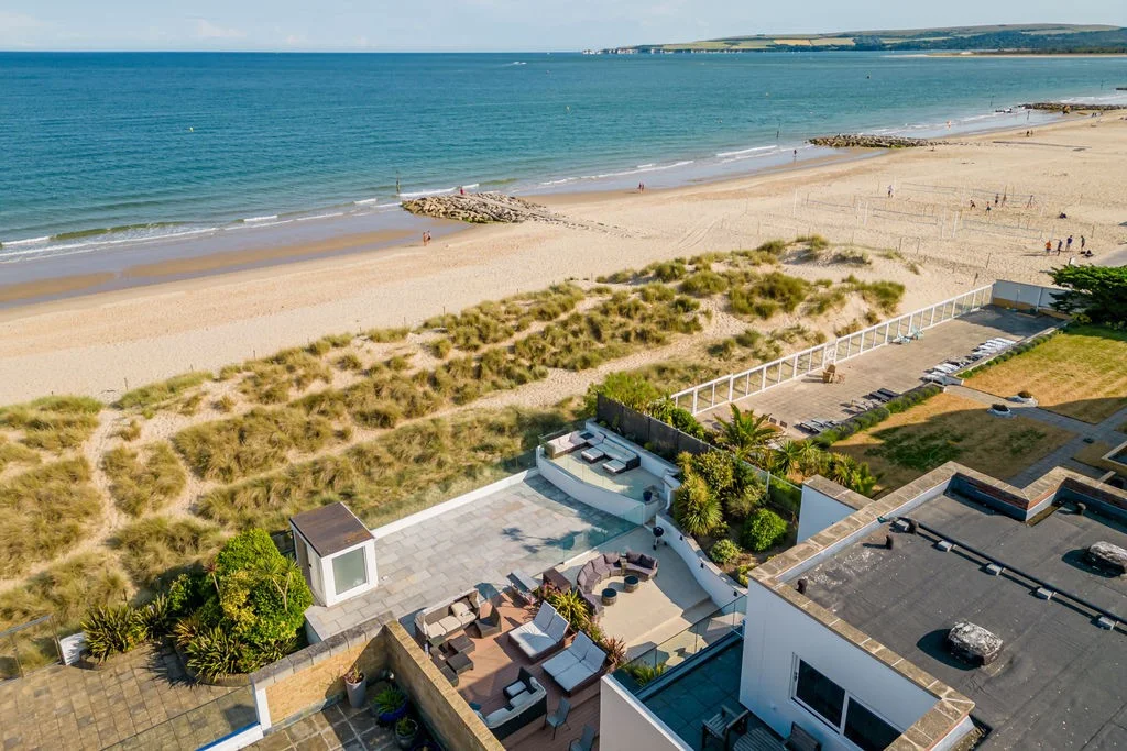 Aerial view of the beachfront at Sandbanks in Dorset