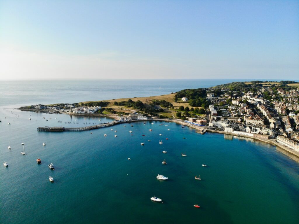 Swanage Bay on a sunny day with boats coming and going