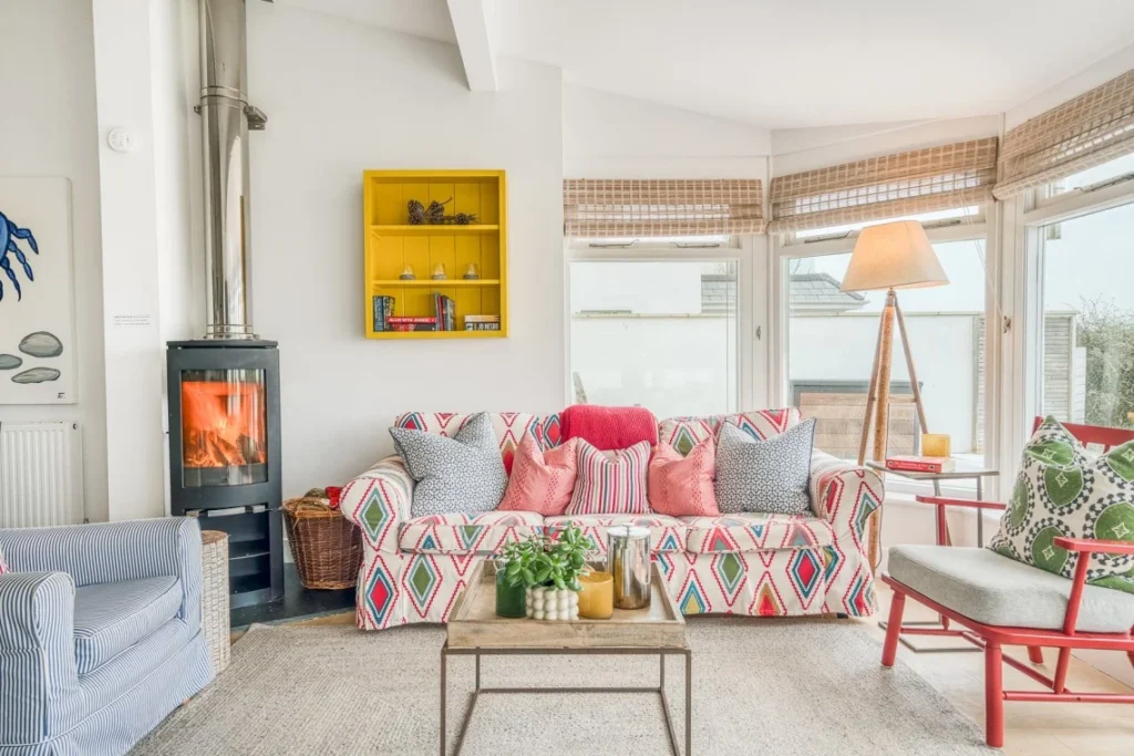 Interior of Sandbanks holiday cottage with wood burner