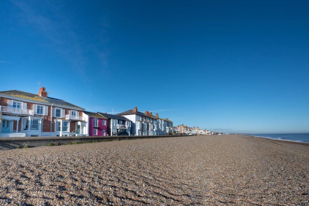 Aldeburgh beach showing cottages by the sea