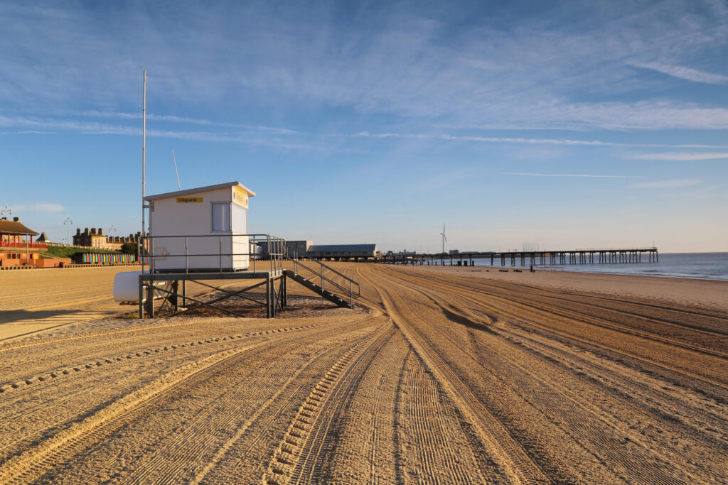 Lifeguard hut on Lowestoft beach in Suffolk