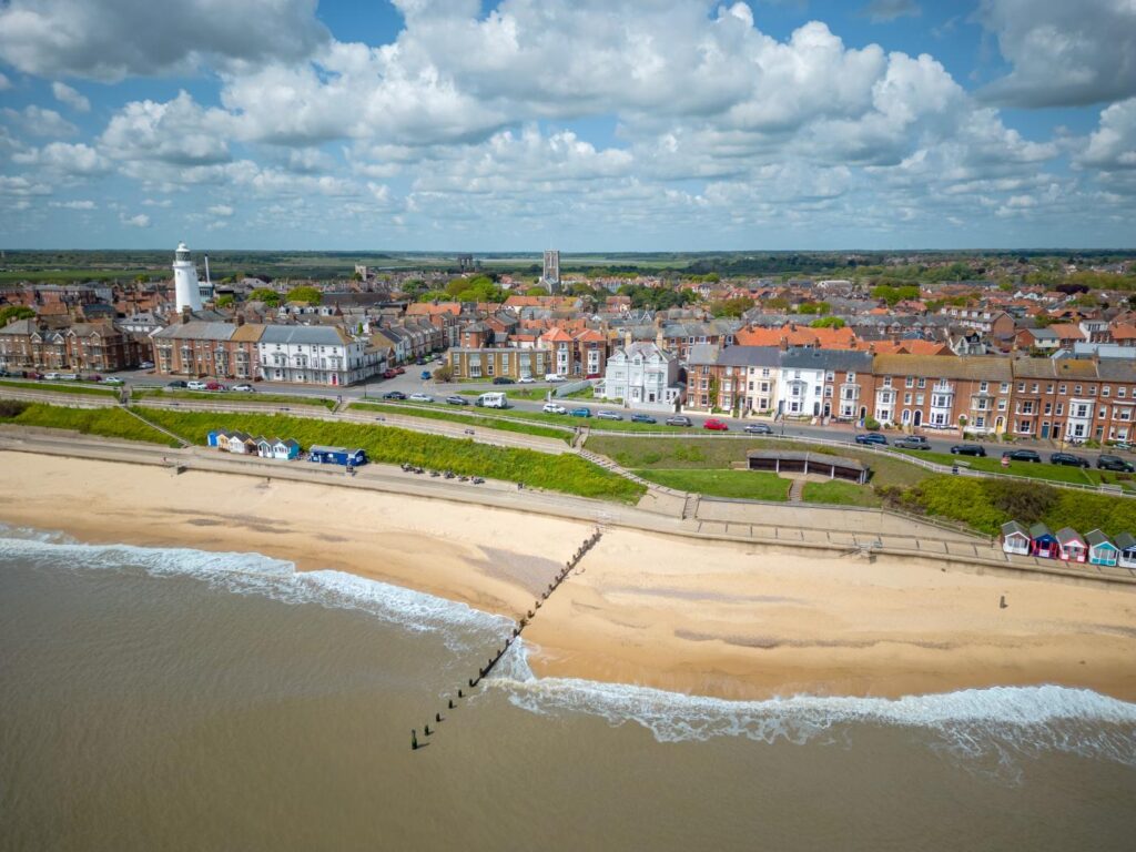 Cottages on the seafront overlooking Southwold beach