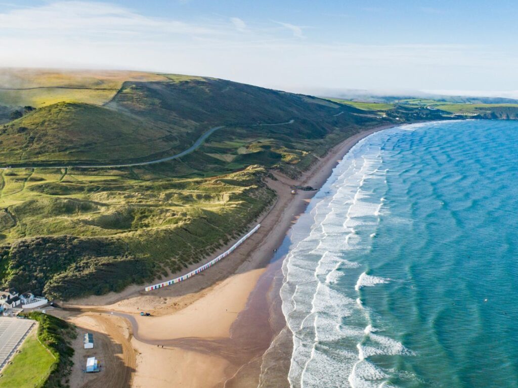 Aerial view of Woolacombe Beach in North Devon