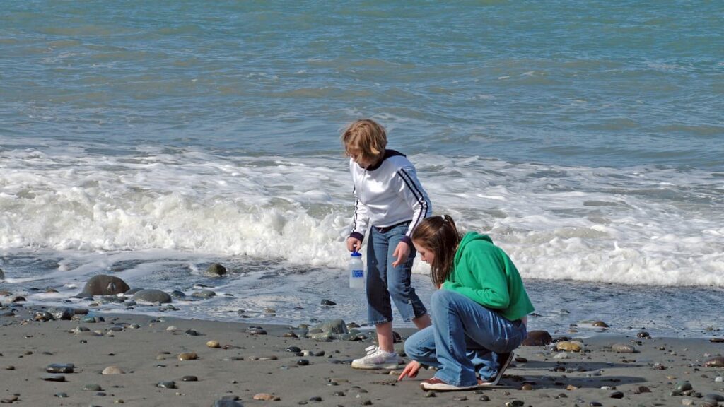 Young children combing the beach for treasures