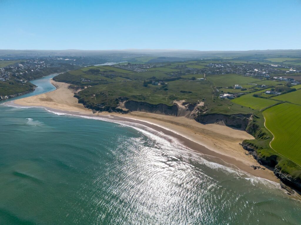 Aerial view of Crantock Beach in Cornwall on a sunny day