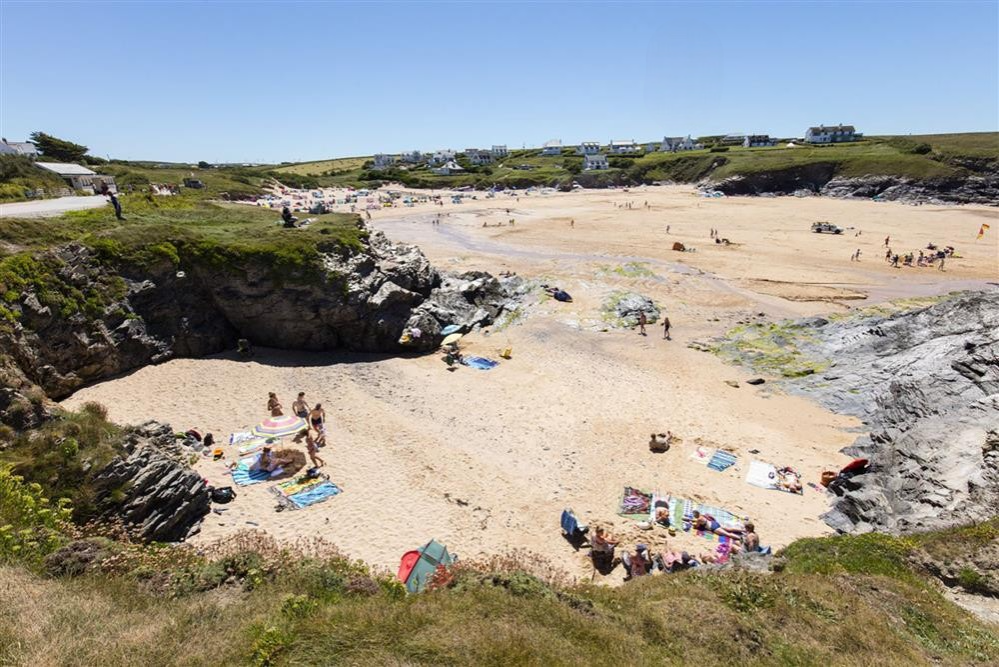 Treyarnon Bay in Cornwall at low tide
