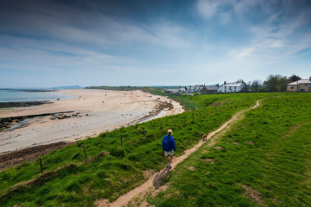 A walker with their dog navigating the Northumberland coastal path