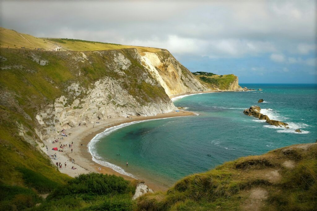 View from the cliffs of the magical beach at Durdle Door