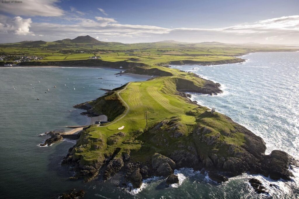 Dramatic aerial view of the headland at Aberdaron in Wales