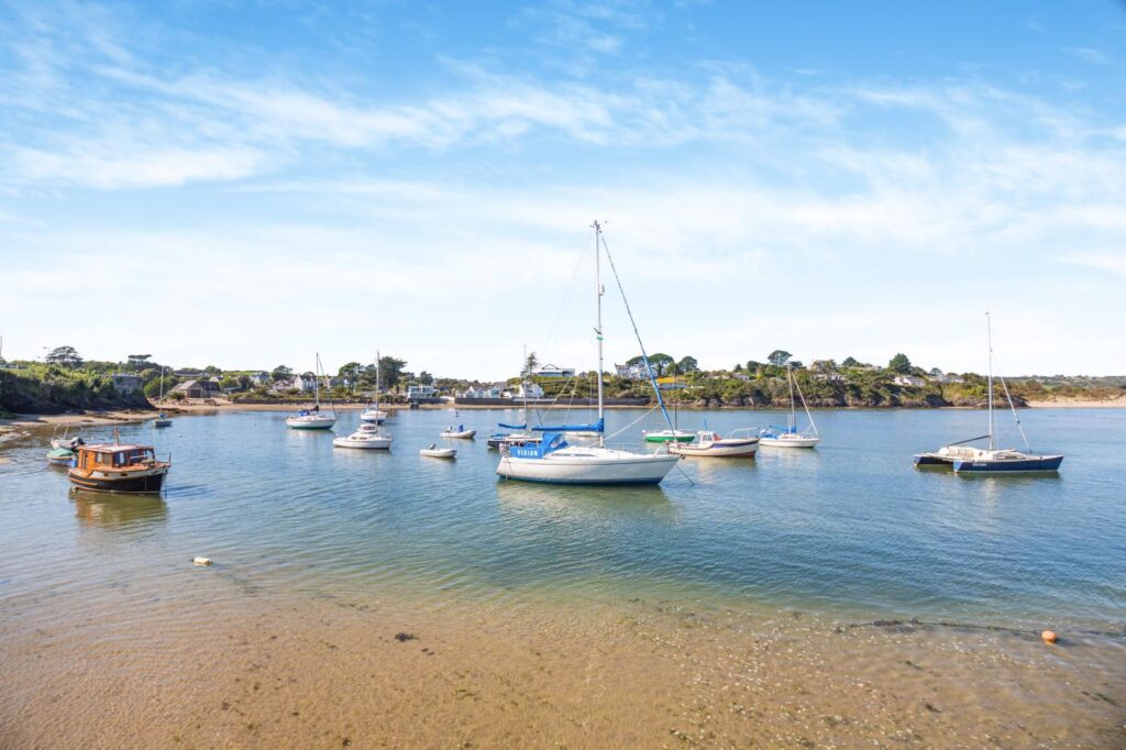 Boats moored in the shallow waters in Abersoch on the Llyn Peninsula